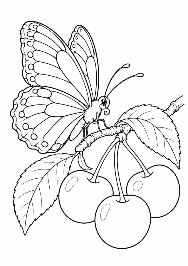 Papillon et cerises : dessin en noir et blanc à colorier
