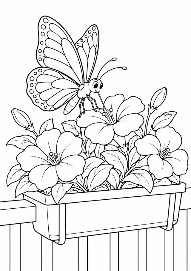 Papillon au balcon : dessin en noir et blanc à colorier