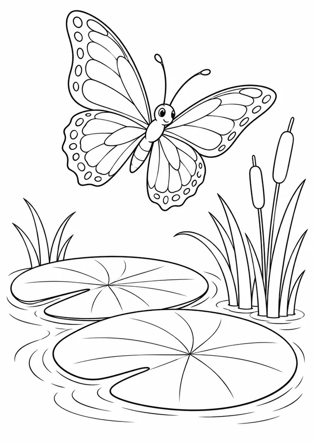 Papillon au-dessus de la mare : dessin en noir et blanc à colorier