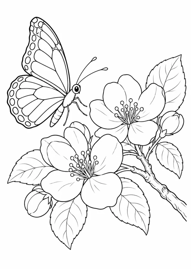 Papillon et fleurs de pommier : dessin en noir et blanc à colorier