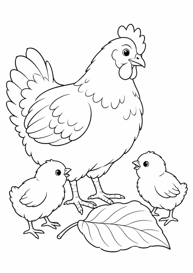Poule et poussins : dessin en noir et blanc à colorier