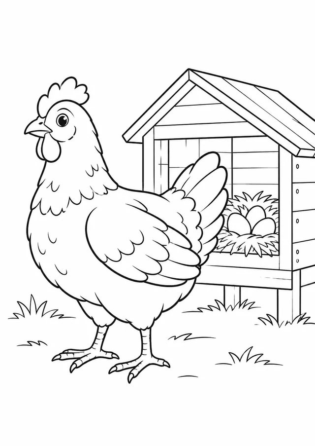 Poule près du nichoir : dessin en noir et blanc à colorier