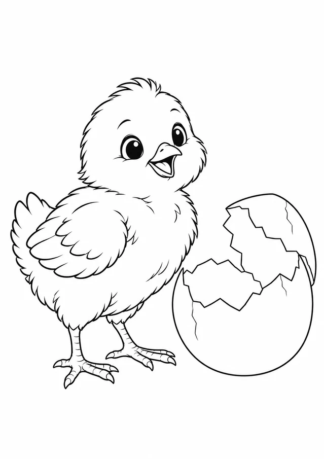 Poussin et coquille : dessin en noir et blanc à colorier