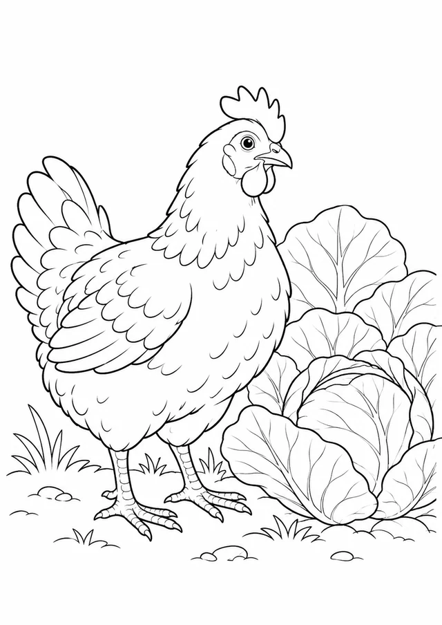 Poule au potager : dessin en noir et blanc à colorier