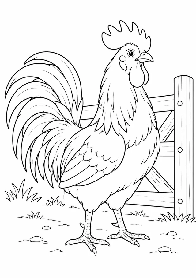 Coq au portail : dessin en noir et blanc à colorier