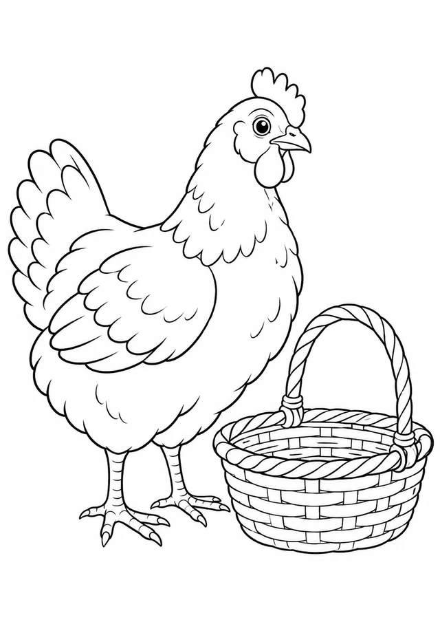 Poule près du panier : dessin en noir et blanc à colorier