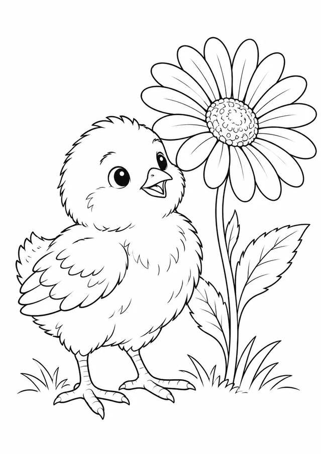 Poussin et fleur : dessin en noir et blanc à colorier