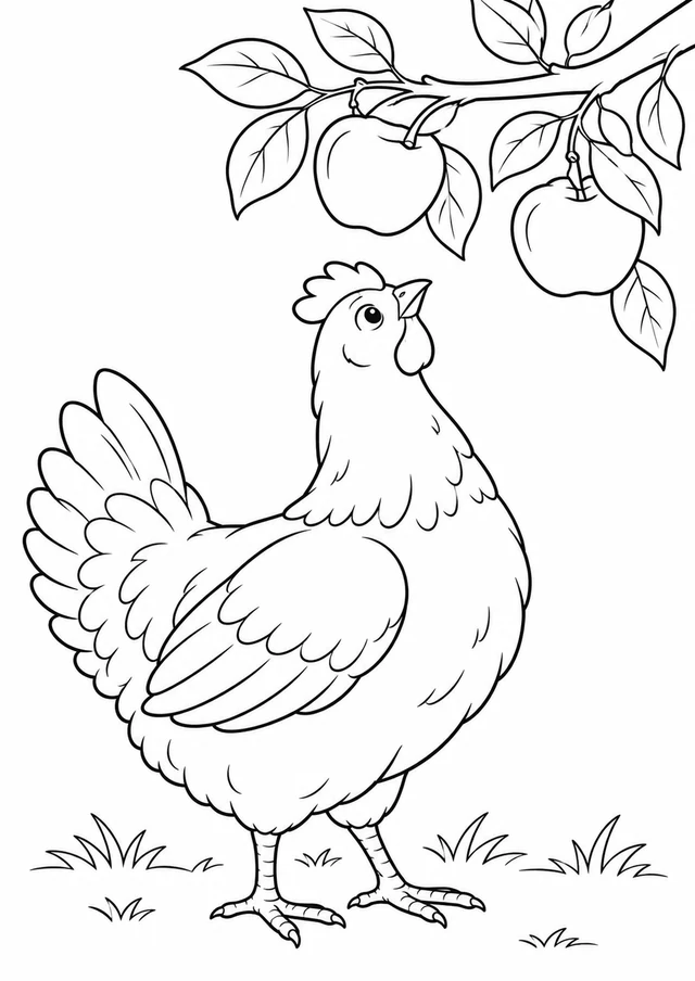 Poule dans le verger : dessin en noir et blanc à colorier