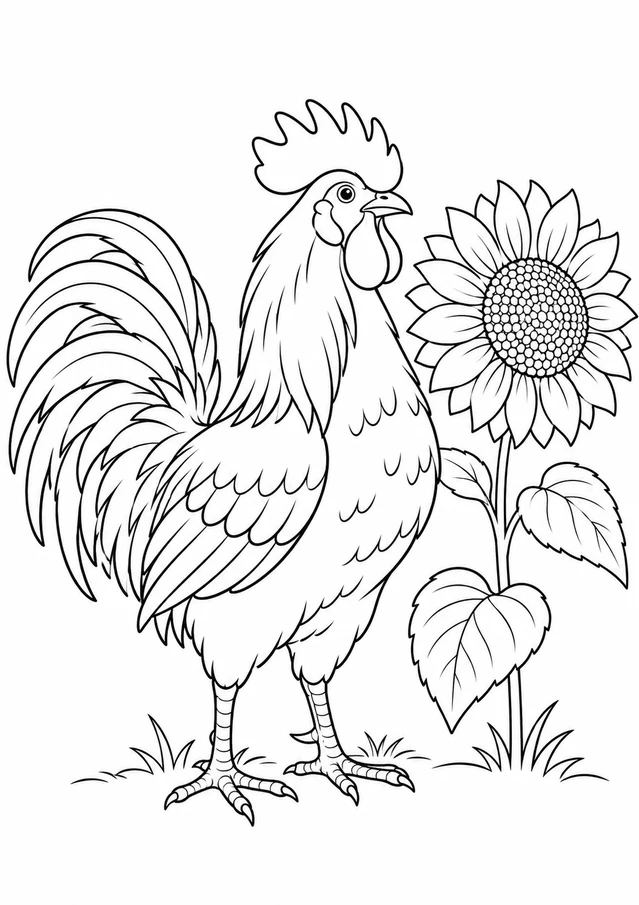 Coq et tournesol : dessin en noir et blanc à colorier