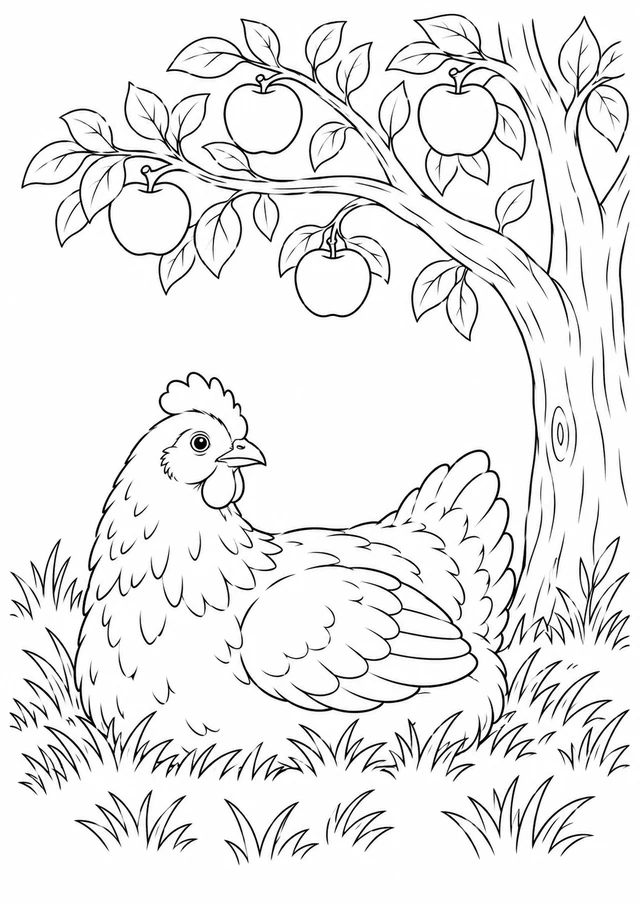 Poule sous le pommier : dessin en noir et blanc à colorier