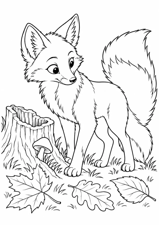 Renard près de la souche : dessin en noir et blanc à colorier