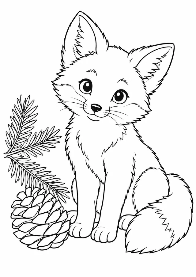 Renardeau et pomme de pin : dessin en noir et blanc à colorier