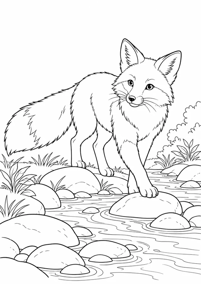 Renard au ruisseau : dessin en noir et blanc à colorier
