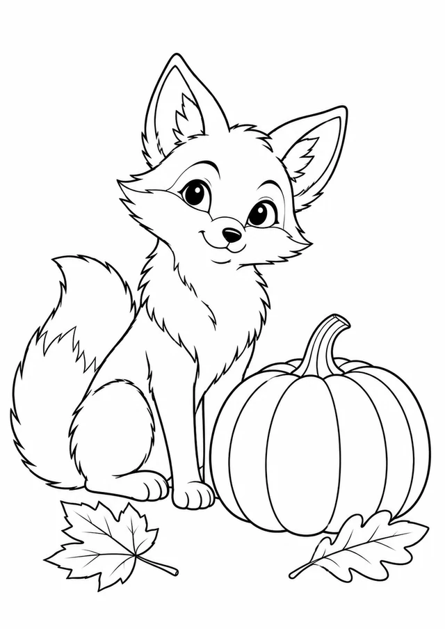 Renard et citrouille : dessin en noir et blanc à colorier