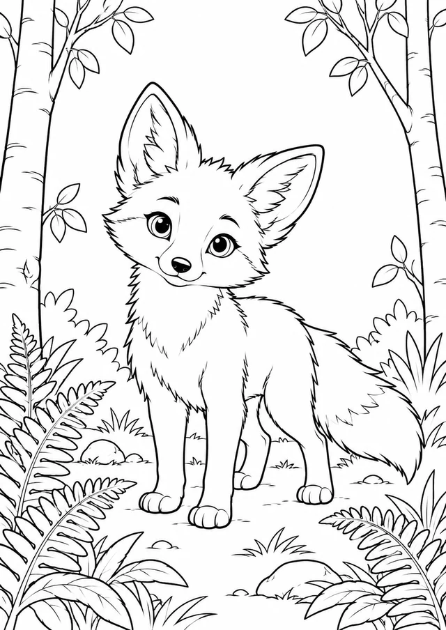 Renardeau dans la clairière : dessin en noir et blanc à colorier