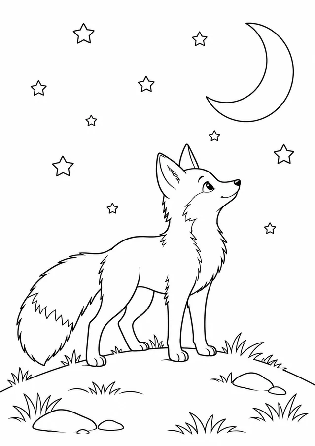 Renard sous la lune : dessin en noir et blanc à colorier