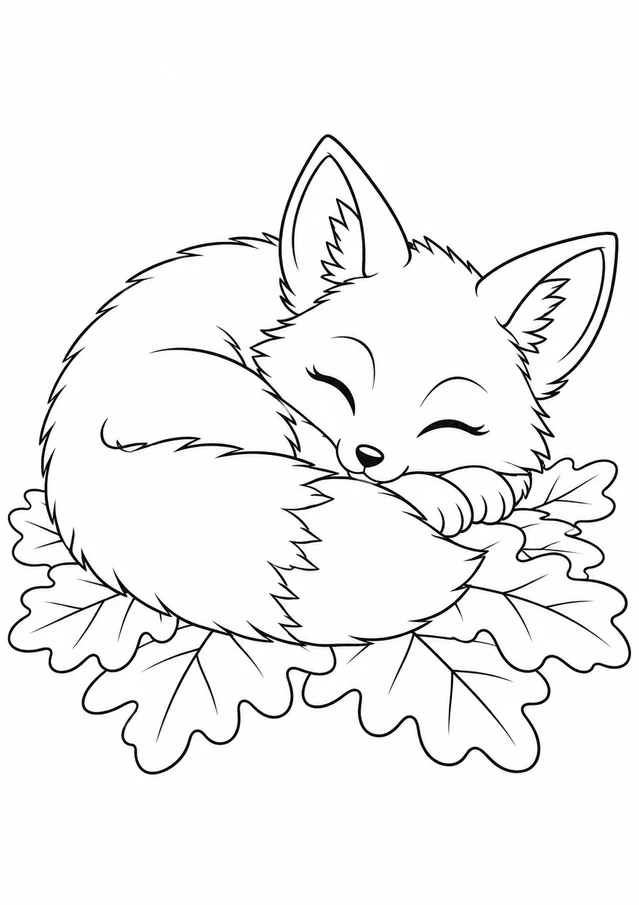 Renard et feuilles de chêne : dessin en noir et blanc à colorier