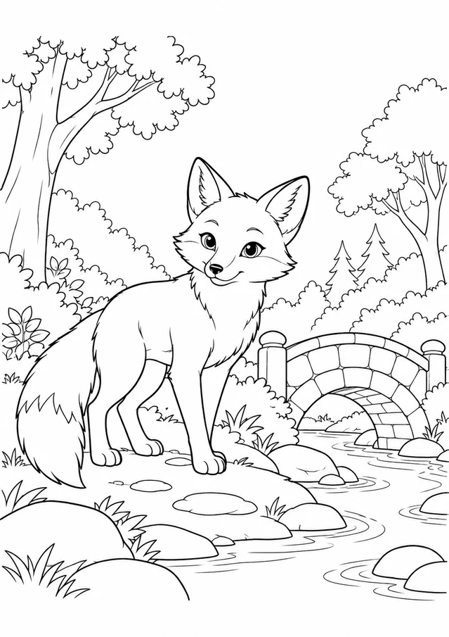 Renard au vieux pont : dessin en noir et blanc à colorier