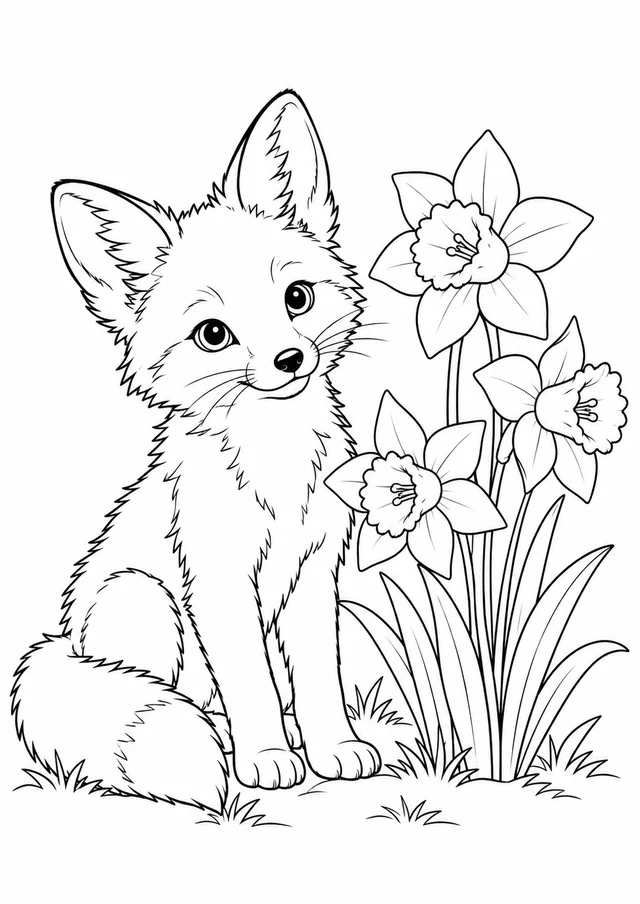 Renardeau près des jonquilles : dessin en noir et blanc à colorier