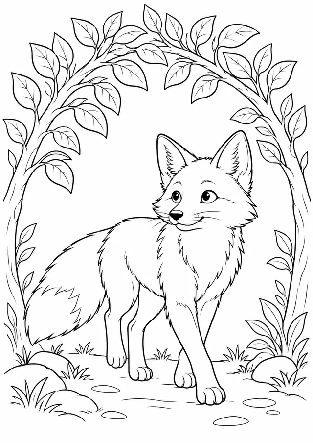 Renard sous les branches : dessin en noir et blanc à colorier