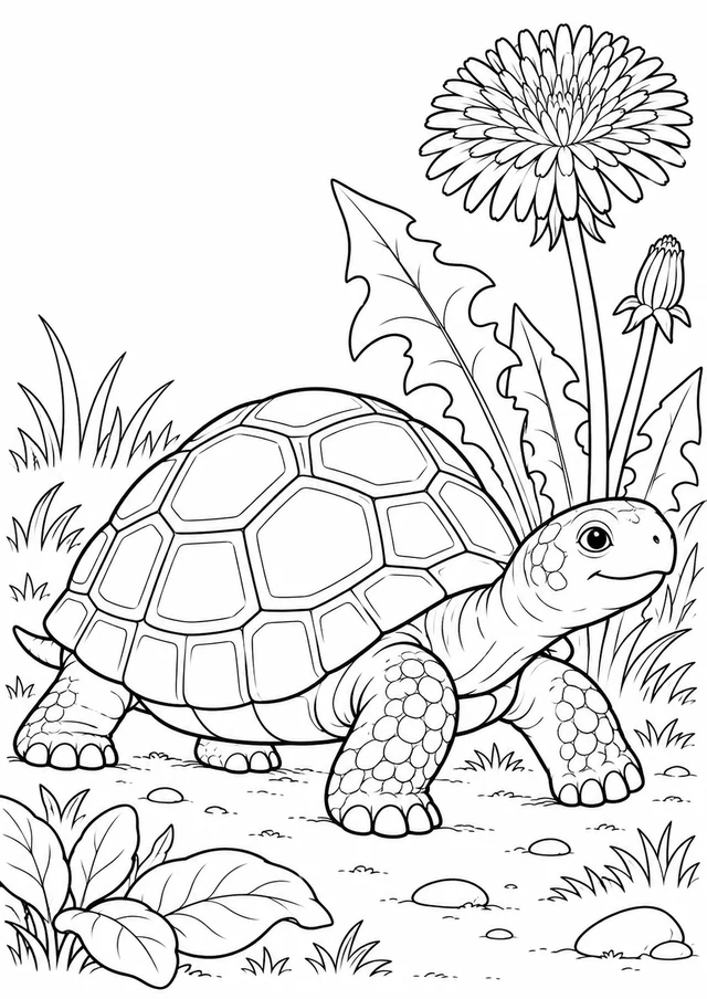 Tortue et pissenlit : dessin en noir et blanc à colorier