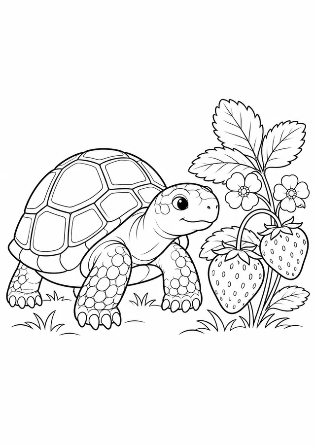 Tortue au jardin des fraises : dessin en noir et blanc à colorier