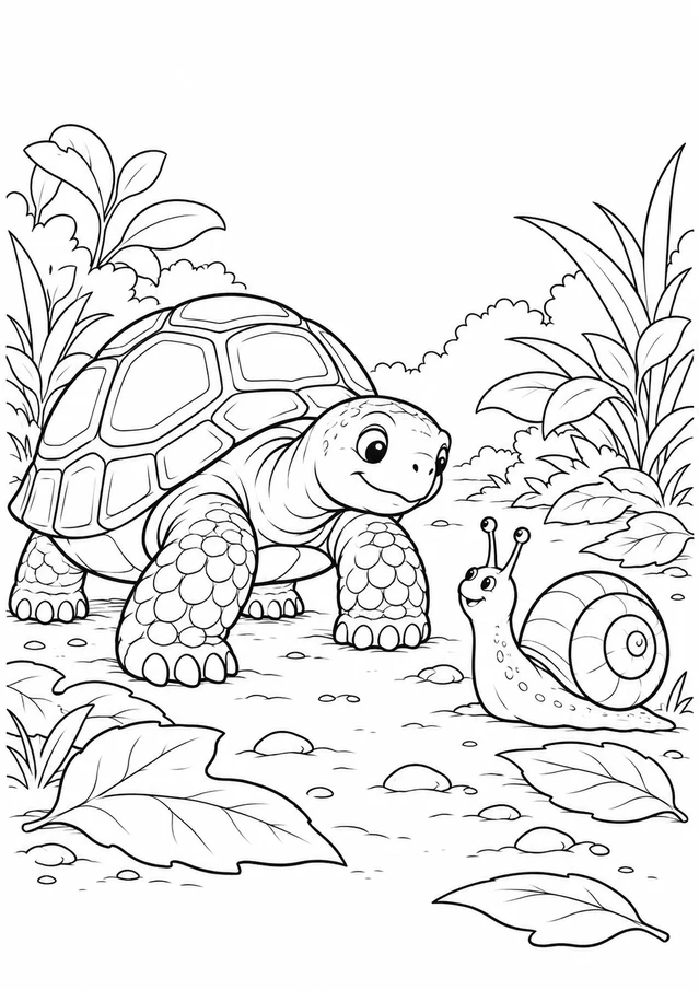Tortue et escargot : dessin en noir et blanc à colorier
