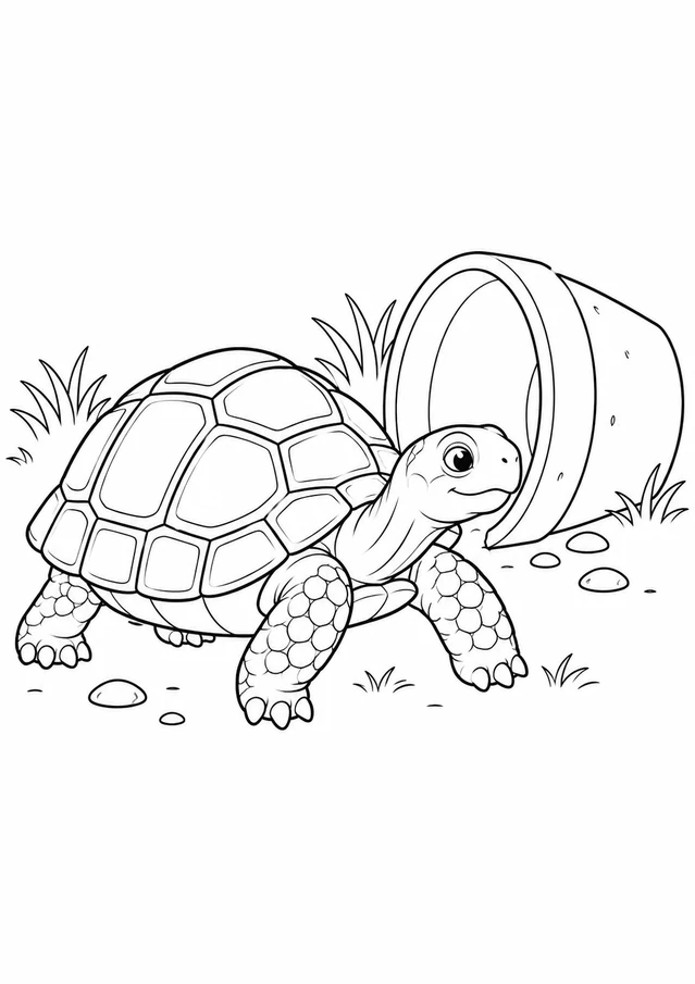 Tortue près du pot cassé : dessin en noir et blanc à colorier