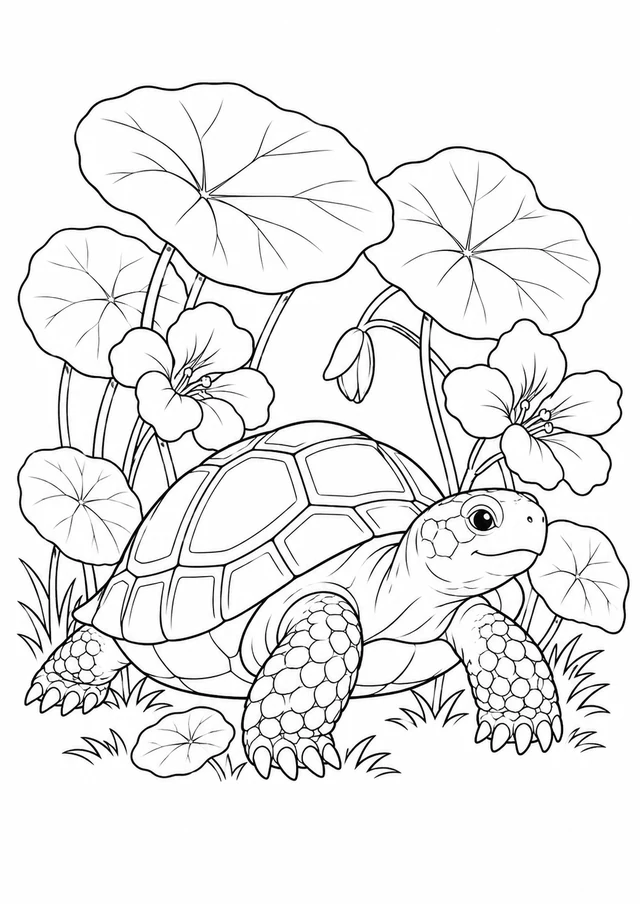 Tortue sous les capucines : dessin en noir et blanc à colorier