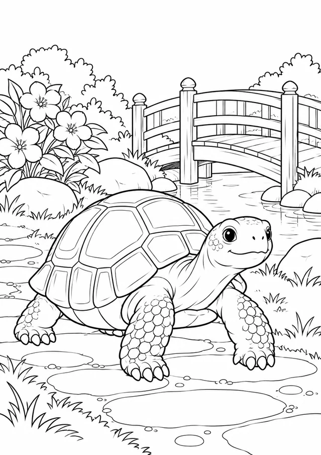 Tortue au petit pont : dessin en noir et blanc à colorier