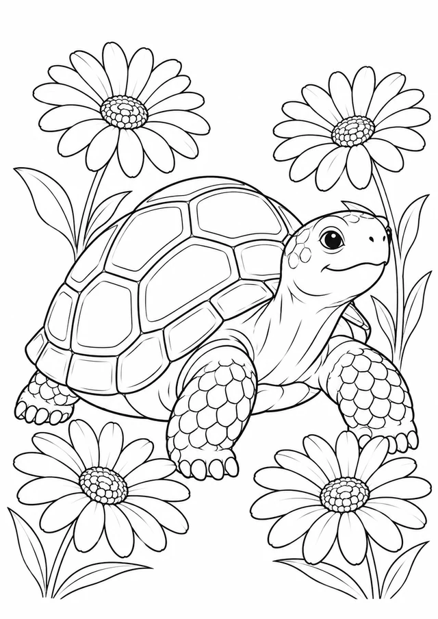 Tortue et marguerites : dessin en noir et blanc à colorier