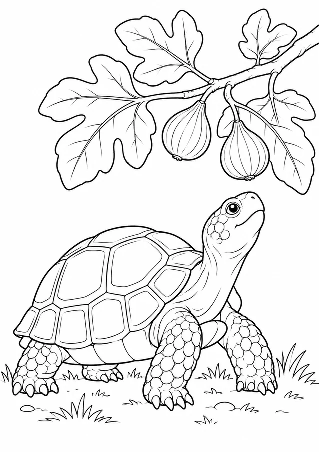 Tortue près du figuier : dessin en noir et blanc à colorier