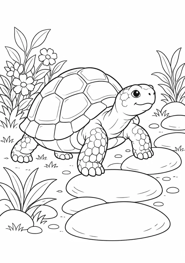 Tortue et galets : dessin en noir et blanc à colorier