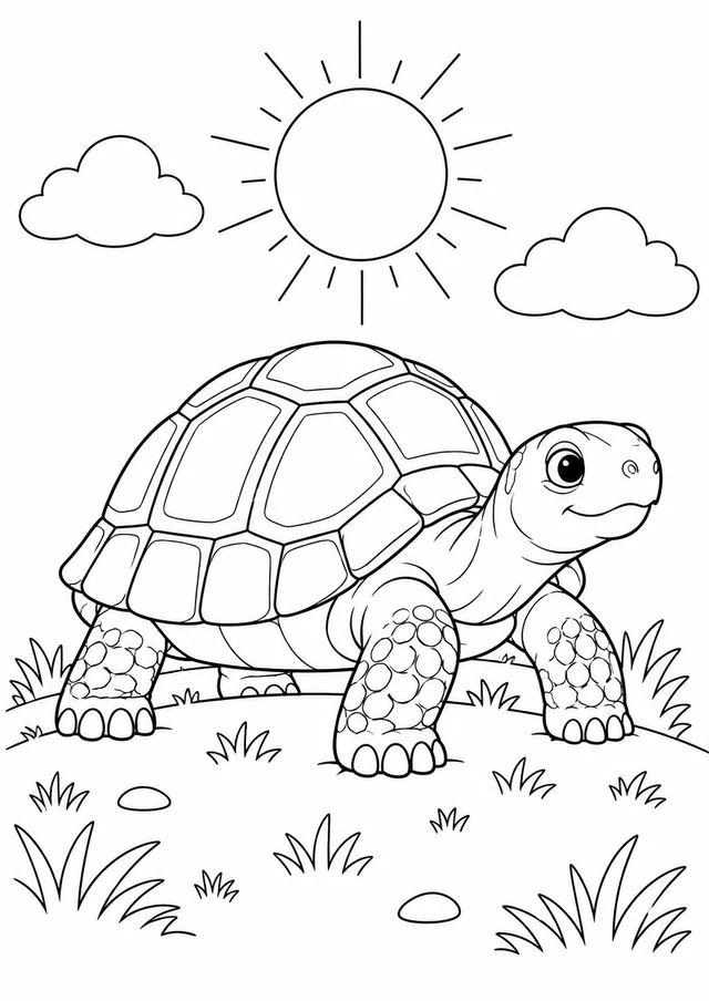 Tortue au soleil : dessin en noir et blanc à colorier
