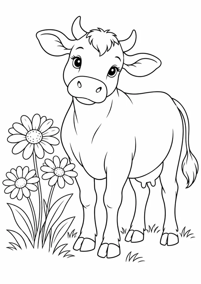Vache au pré : dessin en noir et blanc à colorier