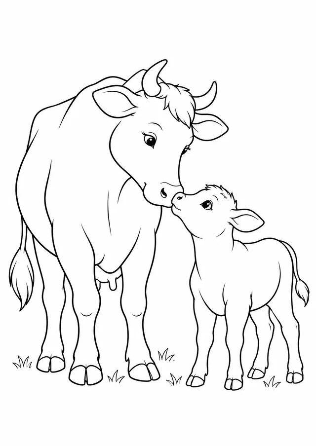 Veau près de sa mère : dessin en noir et blanc à colorier