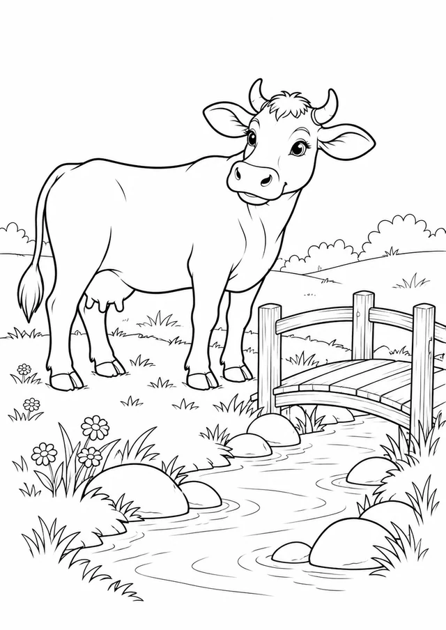 Vache au petit pont : dessin en noir et blanc à colorier