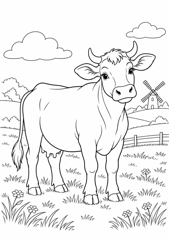 Vache et moulin : dessin en noir et blanc à colorier