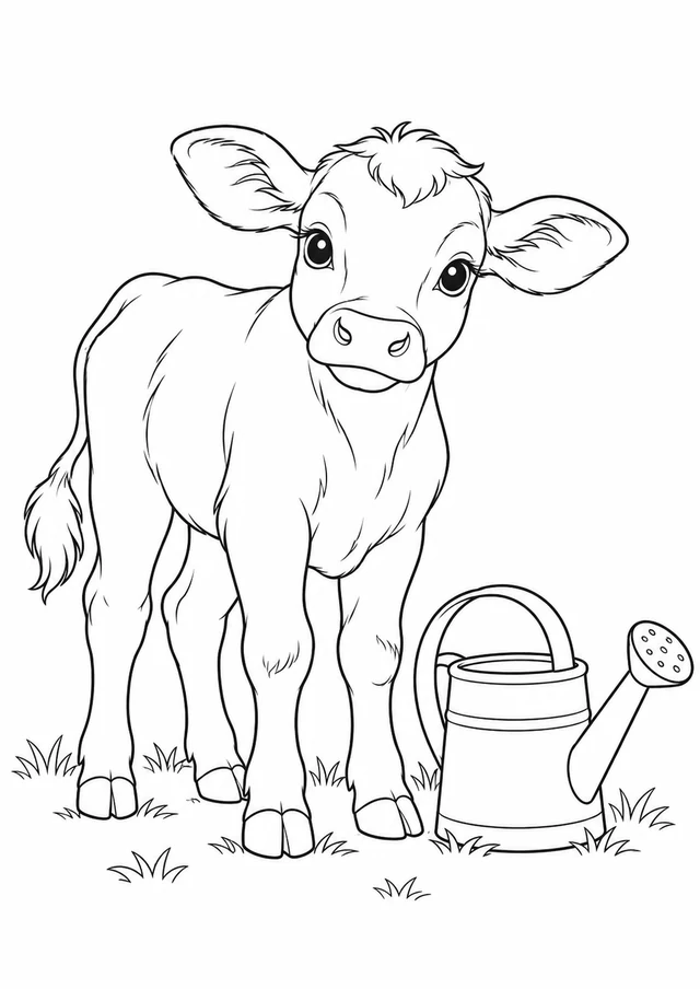 Veau et arrosoir : dessin en noir et blanc à colorier