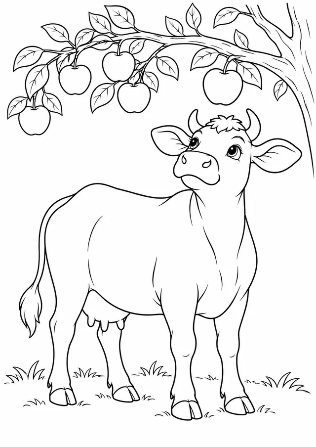 Vache sous le pommier : dessin en noir et blanc à colorier