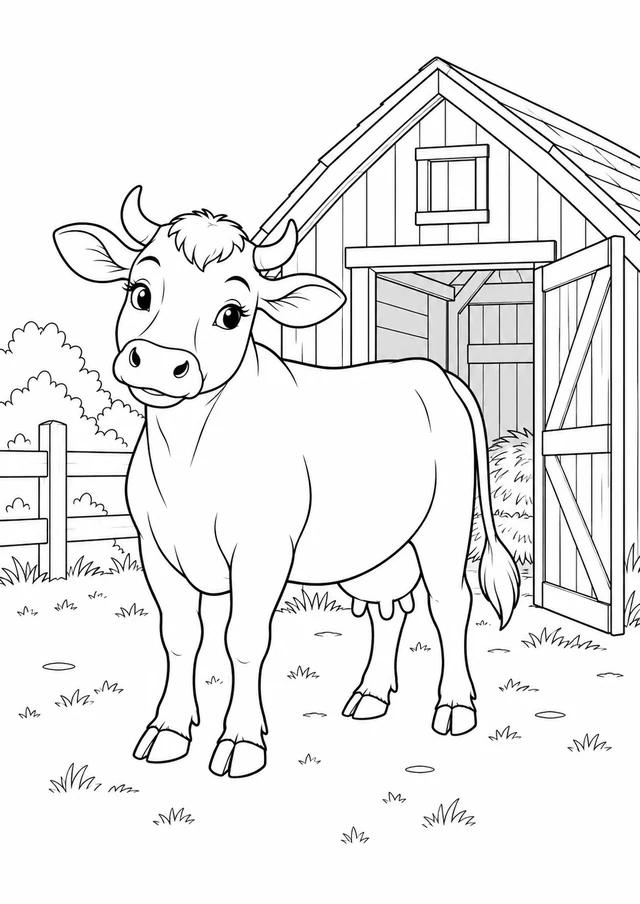 Vache près de la grange : dessin en noir et blanc à colorier