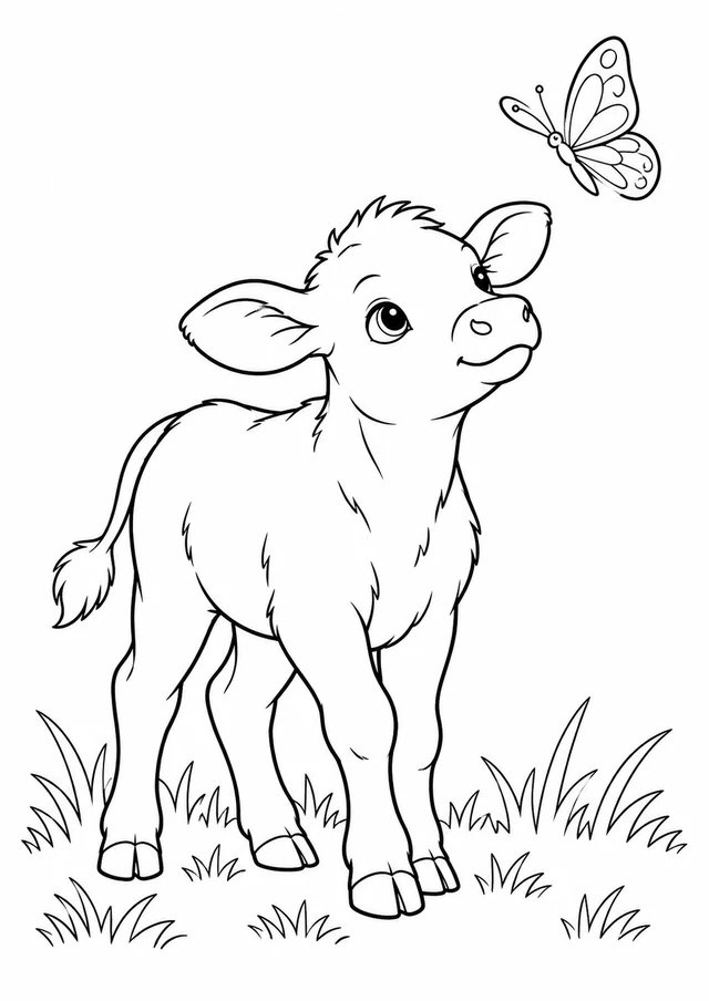 Veau et papillon : dessin en noir et blanc à colorier