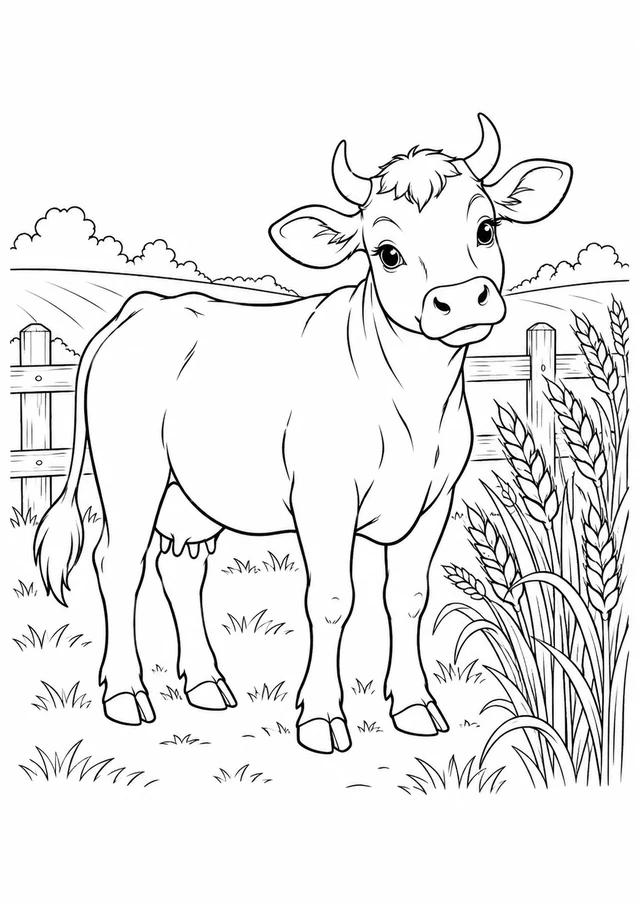 Vache au bord du champ : dessin en noir et blanc à colorier