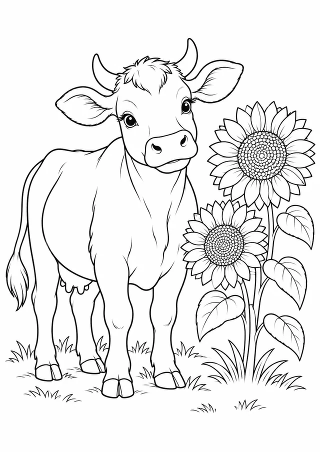Vache et tournesols : dessin en noir et blanc à colorier