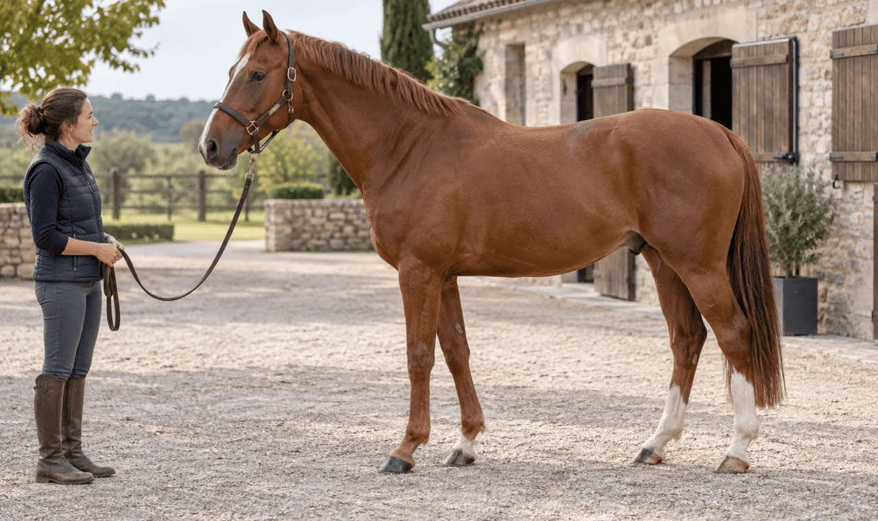 Cheval alezan présenté de profil avec sa propriétaire à l’écurie
