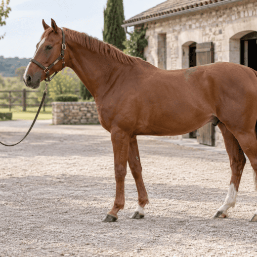 Cheval alezan présenté de profil avec sa propriétaire à l’écurie