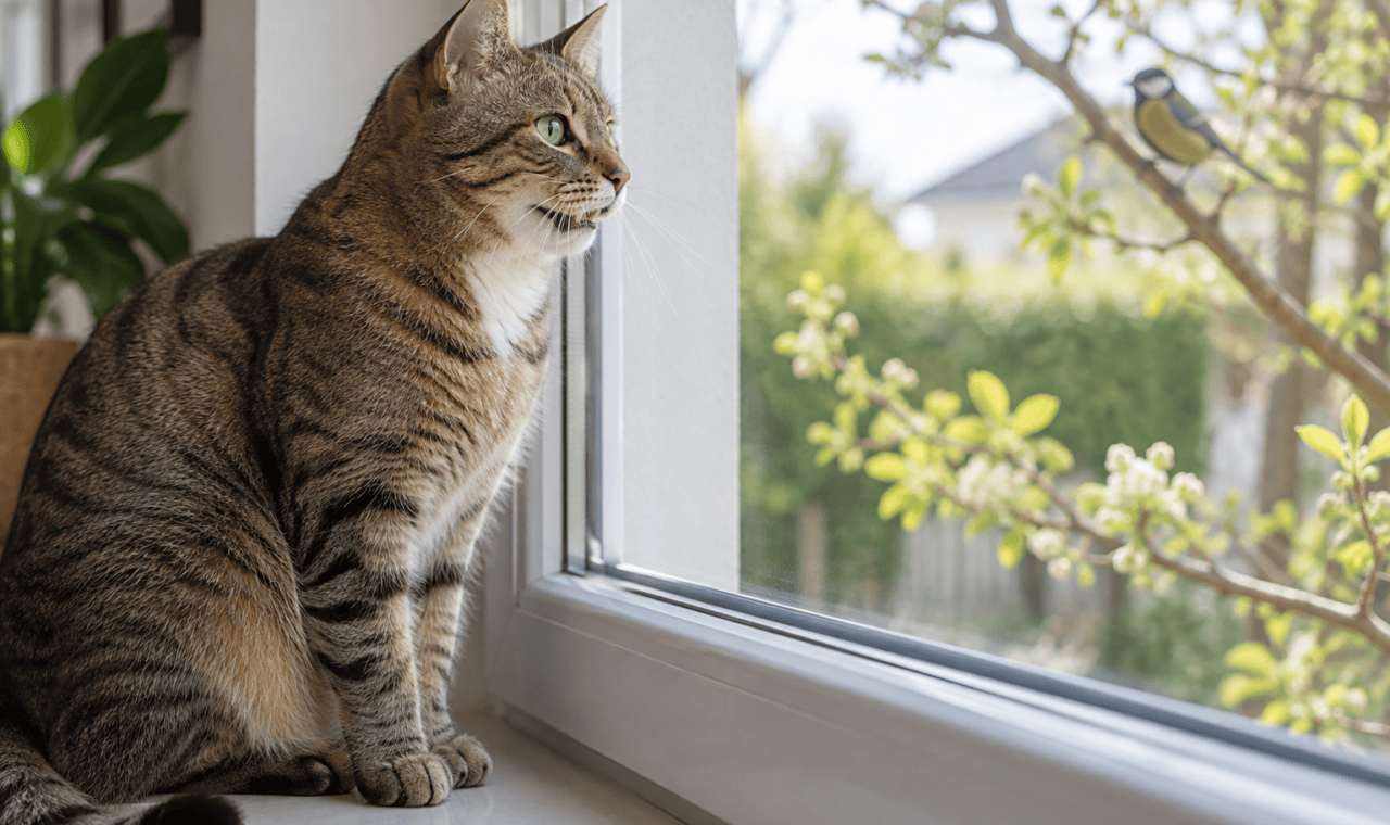 Chat tigré observant un oiseau derrière une fenêtre fermée