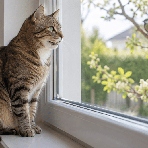 Chat tigré observant un oiseau derrière une fenêtre fermée