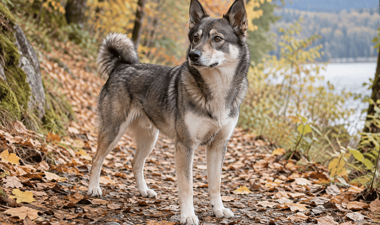 Petit chien de type nordique au pelage gris dans un chemin arboré