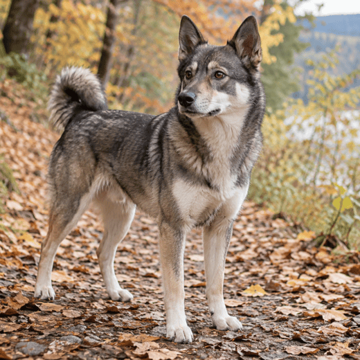 Petit chien de type nordique au pelage gris dans un chemin arboré